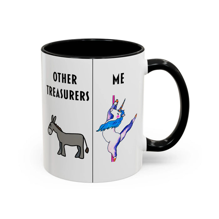 Funny Treasurer Coffee Mug — "Other Treasurers" Donkey / "Me" Pole-Dancing Unicorn (11oz)