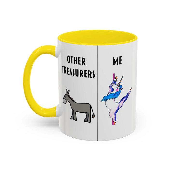 Funny Treasurer Coffee Mug — "Other Treasurers" Donkey / "Me" Pole-Dancing Unicorn (11oz)