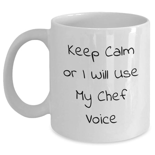 Funny Chef Gifts for Her - White Coffee Mug, 'Keep Calm Or I Will Use My Chef Voice', Mother's Day Unique Gifts from Friends, Family, Coworkers - Main