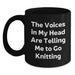 Funny Knitting Humor Gift for Knitting Lovers, Birthday Unique Ideas for Friends, Black Coffee Mug with The Voices In My Head Are Telling Me To Go Knitting Quote - Main