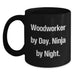 Funny Woodworker Gifts for Men, Ceramic Black Coffee Mug, 'Woodworker By Day. Ninja By Night.' Christmas Unique Mug - Main