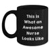 Funny Nurse Gifts from Friends and Family - Black Coffee Mug with 'This Is What An Awesome Nurse Looks Like' Quote - Unique Christmas Memorable Presents for Nurses - Main