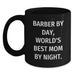 Funny Barber Gifts from Mom, Inspirational Black Coffee Mugs for Graduation, 'Barber By Day, World's Best Mom By Night.' - Main
