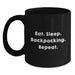 Backpacking Enthusiast Funny Gifts from Friends for Christmas, Funny 'Eat. Sleep. Backpacking. Repeat.' Black Coffee Mug, Unique Christmas Unique Gifts for Men or Women - Main