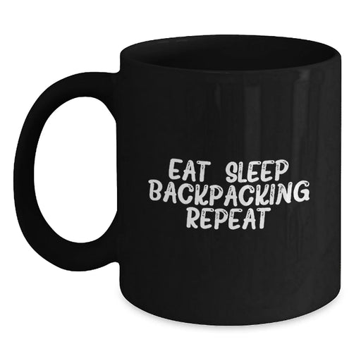 Funny Backpacking Gifts for Men - Eat. Sleep. Backpacking. Repeat. Black Coffee Mug for Valentine's - Main
