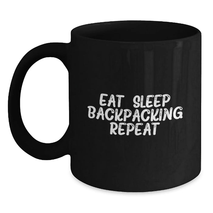 Funny Backpacking Gifts for Men - Eat. Sleep. Backpacking. Repeat. Black Coffee Mug for Valentine's - Main
