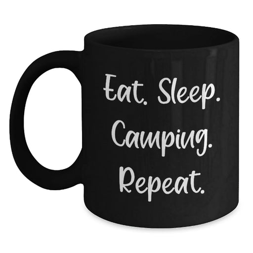 Funny Camping Gifts for Men from Friends, Black Coffee Mug with Eat. Sleep. Camping. Repeat. Quote, Perfect for Christmas Unique Presents - Main
