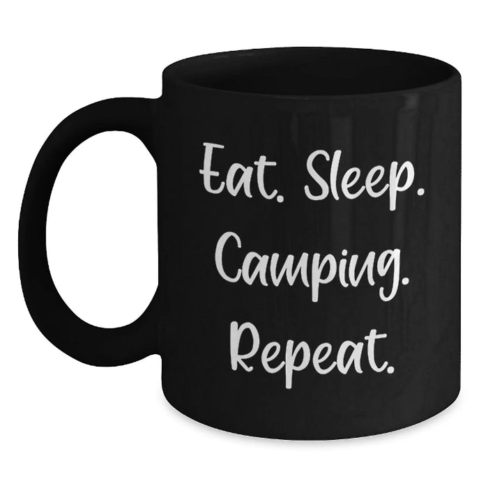 Funny Camping Gifts for Men from Friends, Black Coffee Mug with Eat. Sleep. Camping. Repeat. Quote, Perfect for Christmas Unique Presents - Main