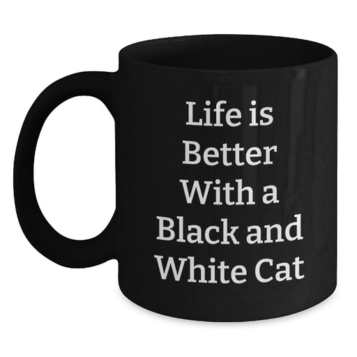 Funny Black and White Cat Gifts from Friends to Black and White Cat Lovers on Birthday, Enamel Coffee Mug Quote - Life Is Better with a Black and White Cat - Main