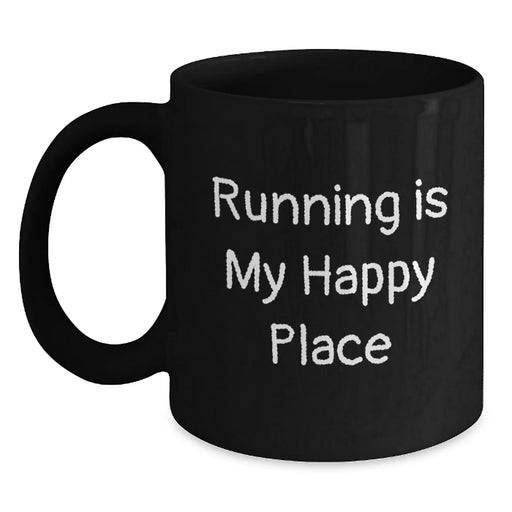 Funny Running Gifts for Her - 'Running Is My Happy Place' Quote on Black Coffee Mug for Birthday, Gifts from Women to Running Friends - Main