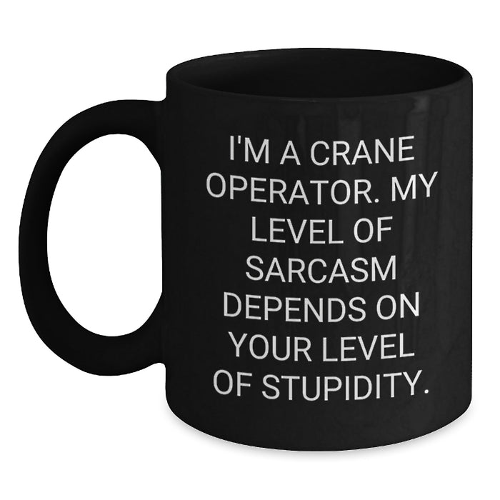 Funny Crane Operator Gifts for Men from Friends on Valentine's - Black Coffee Mug with I'm A Crane Operator My Level Of Sarcasm Depends On Your Level Of Stupidity Quote - Main