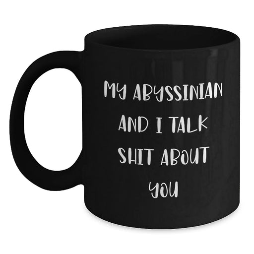 Funny Abyssinian Cat Gifts from Friends, Unique Black Coffee Mugs for Graduation, 'My Abyssinian And I Talk Shit About You' Quote - Main