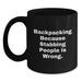 Funny Backpacking Gifts for Men Women Friends Family - 'Backpacking Because Stabbing People Is Wrong.' Black Coffee Mug for Backpackers - Main