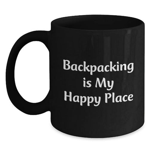Backpacking Enthusiasts' Delight, Funny Gifts from Friends for Happy Backpackers, Black Coffee Mug - Main
