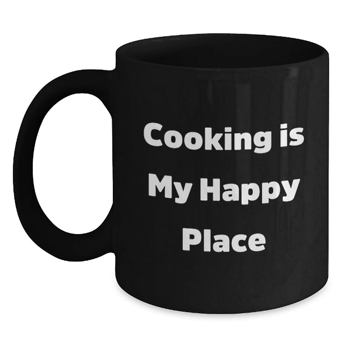 Funny 'Cooking Is My Happy Place' Black Coffee Mug for Cooking Enthusiasts Gifts from Friends, Family, or Coworkers - Unique Graduation Gifts for Men, Women, and Friends - Main