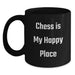 Funny Chess Lover Gift, 'Chess Is My Happy Place' Quote on Black Coffee Mug for Birthday, Gifts from Men to Friends - Main