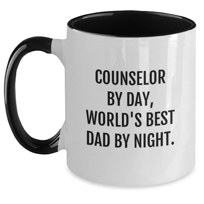 Funny Counselor Gifts - Counselor By Day, World's Best Dad By Night. - Two Tone Coffee Mug, Birthday Unique Presents from Friends, Coworkers, Family to Counselor - Main