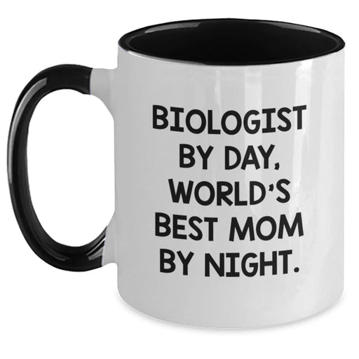 Funny Biologist Gifts for Her - Biologist By Day, World's Best Mom By Night. Two Tone Coffee Mug for Graduation, Gifts from Mom to Biologist - Main