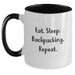 Funny Backpacking Gifts for Family - Backpacking Two Tone Coffee Mug with Eat. Sleep. Backpacking. Repeat. Quote - Gifts from Family for Christmas Unique Presents - Main
