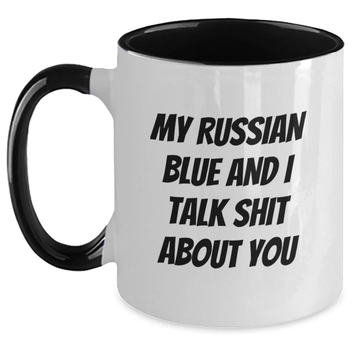 Funny Russian Blue Cat Gifts from Family for Men, Women, Friends, Coworkers - My Russian Blue And I Talk Shit About You Two Tone Coffee Mug - Main