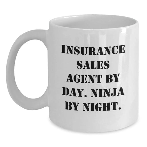 Funny Insurance Sales Agent Gifts for Friends - White Christmas Unique Coffee Mug, 'Insurance Sales Agent By Day Ninja By Night' Humor Quote, 11oz/15oz Ceramic Mug - Main