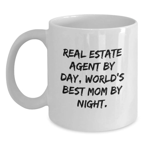 Funny Real Estate Agent Gifts from Mom, White Coffee Mugs for Real Estate Agent, Christmas Unique Gifts for Women, 'Real Estate Agent By Day, World's Best Mom By Night' Quote - Main