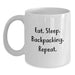 Funny Backpacking Gifts for Men and Women - White Coffee Mug with Eat. Sleep. Backpacking. Repeat. Quote, Perfect for Christmas Unique Offers - Main