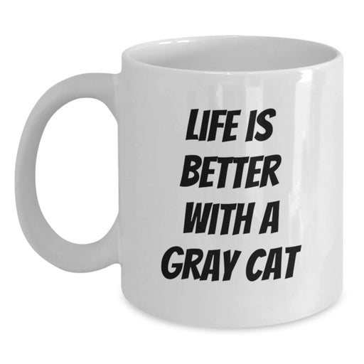 Funny Gray Cat Lover Gifts from Friends Birthday Unique White Coffee Mug - Life Is Better With A Gray Cat - Main