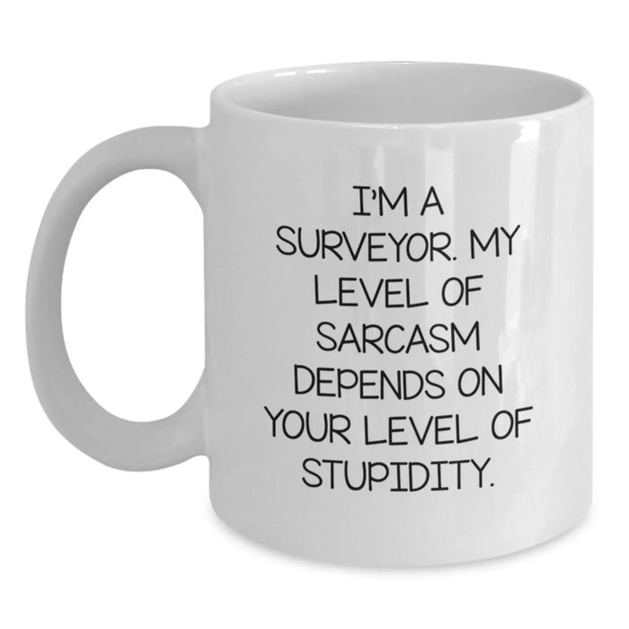 Funny Surveyor Gifts for Men - White Coffee Mug - 'I'm A Surveyor My Level Of Sarcasm Depends On Your Level Of Stupidity', Christmas Unique Gifts from Friends to Surveyor Colleagues - Main