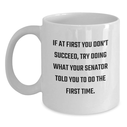 Senator Graduation Unique Gifts from Friends - Funny White Coffee Mug - If At First You Don't Succeed, Try Doing What Your Senator Told You To Do The First Time Senator Quote Gifts for Senator - Main