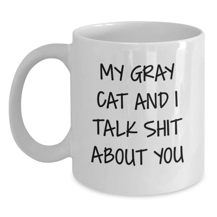 Funny Gray Cat Gifts for Men or Women - My Gray Cat And I Talk Shit About You White Coffee Mug, Birthday Unique Presents from Friends or Family - Main
