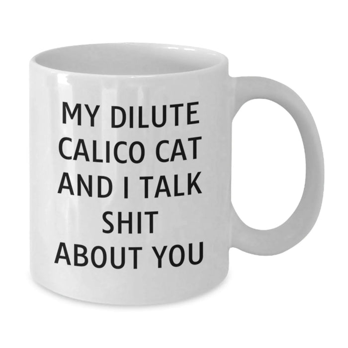 Dilute Calico Cat Lovers Funny Quote Gifts from Friends to Family - My Dilute Calico Cat And I Talk Shit About You White Coffee Mug for Birthday - Additional