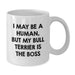 Funny Bull Terrier Dog Gifts for Men, Bull Terrier Dog White Coffee Mug, 'I May Be A Human, But My Bull Terrier Is The Boss' - Unique Birthday Unique Gifts from Family - Additional