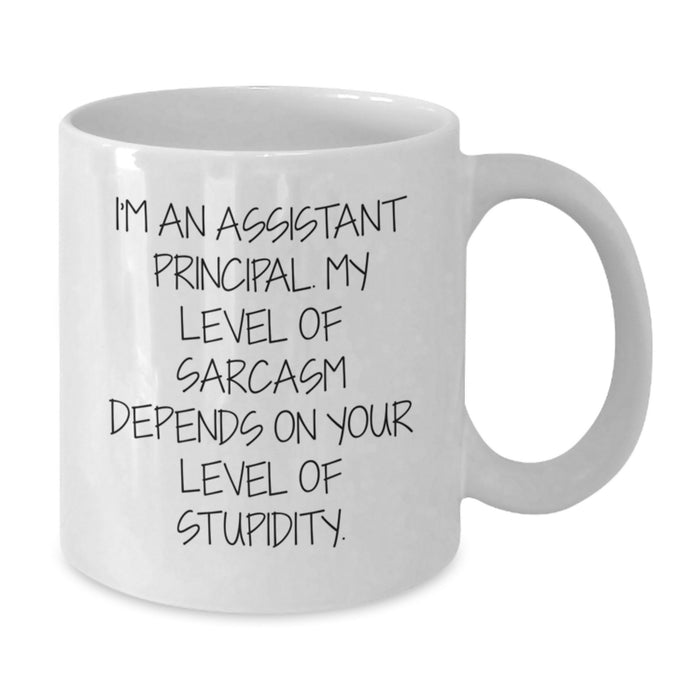 Funny Assistant Principal Gifts from Friends to Men White Coffee Mugs for Valentine's - I'm An Assistant Principal. My Level Of Sarcasm Depends On Your Level Of Stupidity. - Additional
