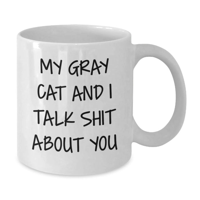 Funny Gray Cat Gifts for Men or Women - My Gray Cat And I Talk Shit About You White Coffee Mug, Birthday Unique Presents from Friends or Family - Additional