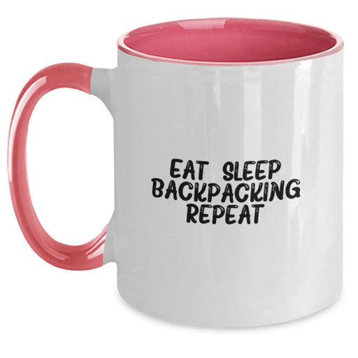 Backpacking Enthusiast Funny Valentine's Gifts from Friends to Men and Women Two Tone Coffee Mug Eat. Sleep. Backpacking. Repeat. - Main