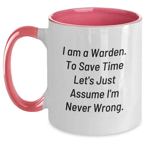 Funny Warden Two Tone Coffee Mugs Gifts from Friends for Birthday Inspirational Quote I'm Never Wrong - Navy and White, Black and White, Red and White, Pink and White - Main