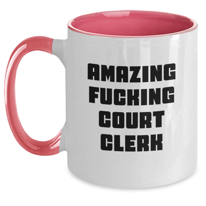 Funny Court Clerk Gifts from Friends and Family, Court Clerk Two Tone Coffee Mug, 'Amazing F--king Court Clerk' Quote, Unique Graduation Gifts for Men and Women - Main