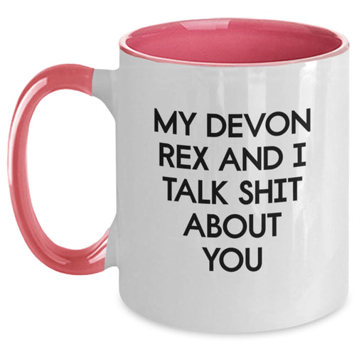 Funny Devon Rex Cat Gifts for Men from Friends, Unique Graduation Mugs - My Devon Rex And I Talk Shit About You Quote, Two Tone Coffee Mug, 11oz, Microwave and Dishwasher Safe - Main
