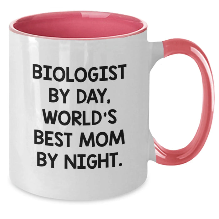 Funny Biologist Gifts for Her - Biologist By Day, World's Best Mom By Night. Two Tone Coffee Mug for Graduation, Gifts from Mom to Biologist - Additional