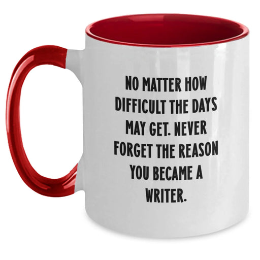 Funny Writer Gifts from Friends and Family, Two Tone Christmas Coffee Mugs with Inspirational Quote - 'No Matter How Difficult The Days May Get. Never Forget The Reason You Became A Writer.' - Main