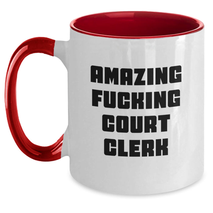 Funny Court Clerk Gifts from Friends and Family, Court Clerk Two Tone Coffee Mug, 'Amazing F--king Court Clerk' Quote, Unique Graduation Gifts for Men and Women - Main
