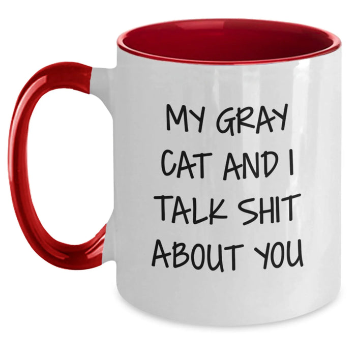 Funny Gray Cat Gifts from Friends for Birthday - My Gray Cat And I Talk Shit About You Two Tone Coffee Mug - Main