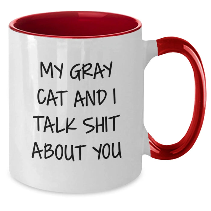 Funny Gray Cat Gifts from Friends for Birthday - My Gray Cat And I Talk Shit About You Two Tone Coffee Mug - Additional