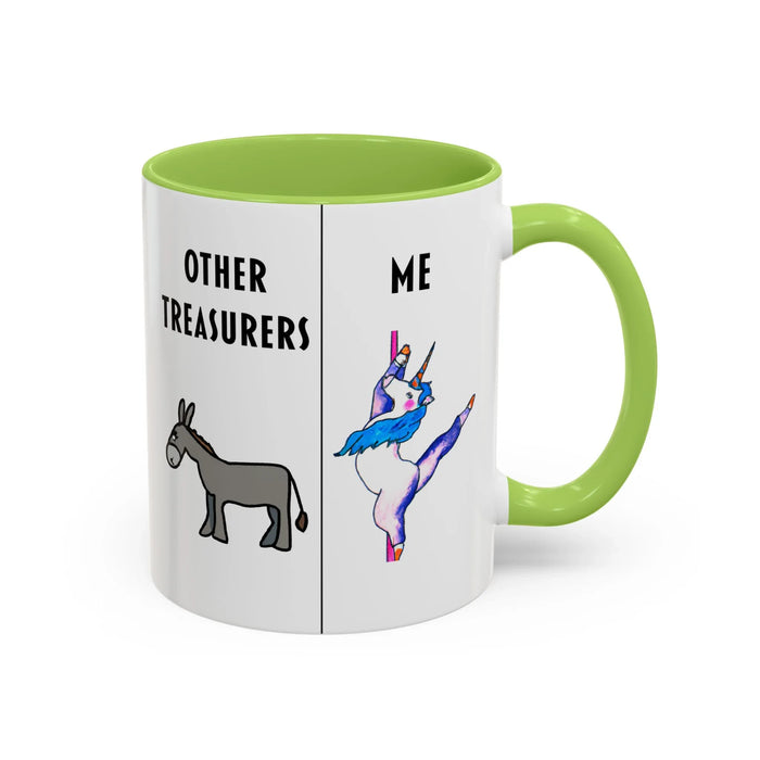 Funny Treasurer Coffee Mug — "Other Treasurers" Donkey / "Me" Pole-Dancing Unicorn (11oz)