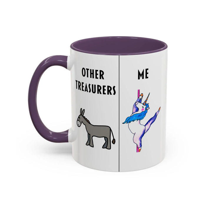 Funny Treasurer Coffee Mug — "Other Treasurers" Donkey / "Me" Pole-Dancing Unicorn (11oz)