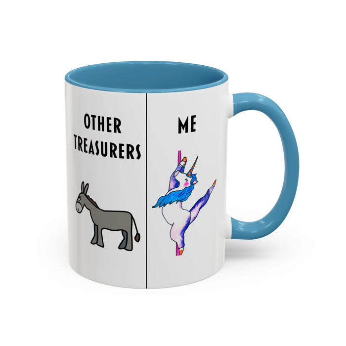 Funny Treasurer Coffee Mug — "Other Treasurers" Donkey / "Me" Pole-Dancing Unicorn (11oz)