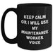 Funny Maintenance Worker Gifts from Friends and Family - Keep Calm Or I Will Use My Maintenance Worker Voice Black Coffee Mug for Dad, Men, or Coworkers - Main