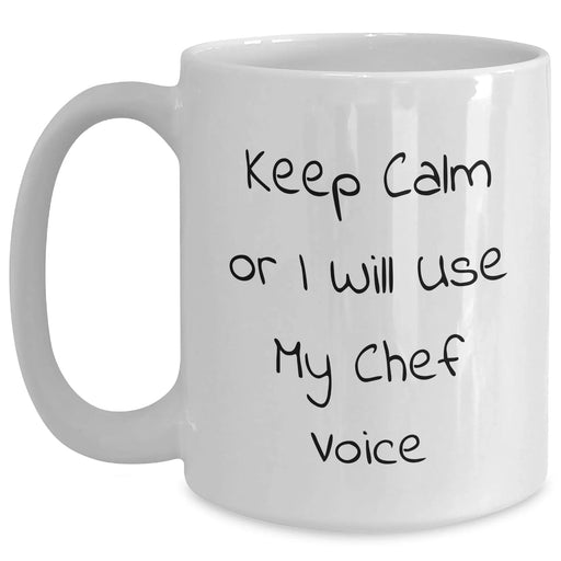 Funny Chef Gifts for Her - White Coffee Mug, 'Keep Calm Or I Will Use My Chef Voice', Mother's Day Unique Gifts from Friends, Family, Coworkers - Main