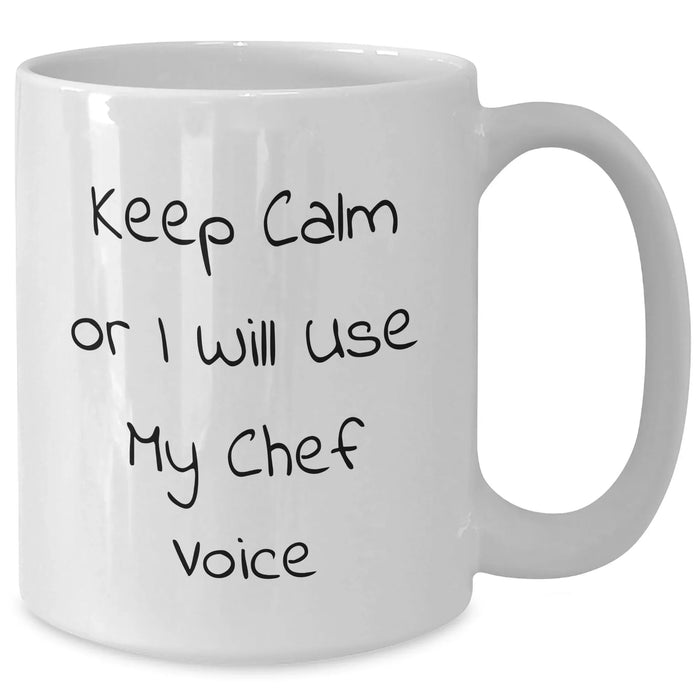 Funny Chef Gifts for Her - White Coffee Mug, 'Keep Calm Or I Will Use My Chef Voice', Mother's Day Unique Gifts from Friends, Family, Coworkers - Additional